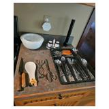 Silverware, Scissors, Tongs, Mixing Bowls, Flashlight, Spoon Rest, Salt Pepper Shakers 