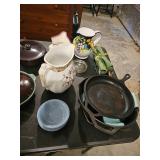 Cast Iron Pans, Milk/Juice Pitchers, Blue Bowls