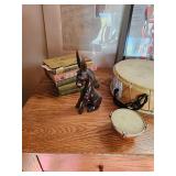 Books, Wood Carved Donkey Figurine, Drum