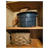 Vintage Wooden Picnic Basket, Enamel Pot