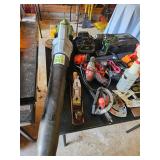 Cordless Leaf Blower, Wood Plate, Milwaukee Cordless Drill, Hitachi Drill