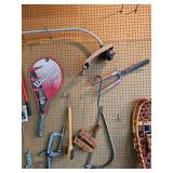 Tennis Racket, C Clamps, Bow Saw. Wood Clamp