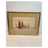 Sailboats In The Harbor Watercolor Unsigned 