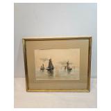 Sailboats Coming In At Sunset Watercolor Signed JAR