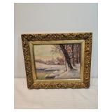 Winter Cabin By The Pond Oil Painting On Board Signed By Thomas Manning Moore