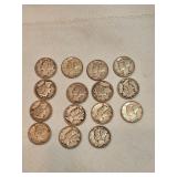 Lot Of 15 Mercury Dimes