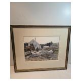 Framed Watercolor By Don Stone Man Out Back With Boats 