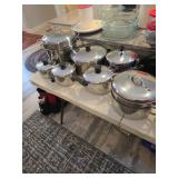 Farberware Pots with lids, Glass9x13, Pyrex covered rounds, Tupperware white and red. 