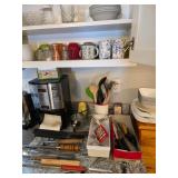 Coffee machine, BBQ utensils, Assorted knives, Glass creamer, Salt & Pepper shakers, Copper shaker, 