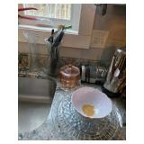 Knife sharpener, Glass vase, Glass platters, Pink Covered Glass Candy Dish