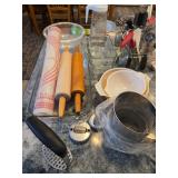 Rolling pins, biscuit cutter, Corning mixing bowls, Flour sifter, Cookie Scoops, Ice cream Scoops, P