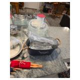 Everyday flatware, silverware, Glass covered dishes, Chopper, Pie pans