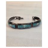 Native American Made Sterling Silver Turquoise And Opals Bracelet