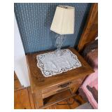 Wooden side table, night stand, glass lamp, doilies