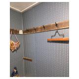 Old wooden pants hanger, wooden heart, doll