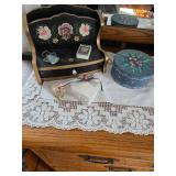 Vintage looking couch box with draw, trinket boxes, doilies 