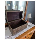 Wooden box, Wooden oak dresser, doilies, small lamp 