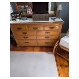 Oak styled dresser, Rocking chair, lamp, wooden box