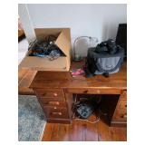 Wooden desk, Canon camera, desk lamp