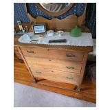 Wooden dresser with mirror, doily, Green glass, 