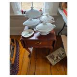Assorted soup taurines, Living room side table with draw