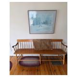 Old Large Wooden bench, braided rug, framed print 
