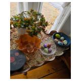 Plants, copper plant table, oil lamps