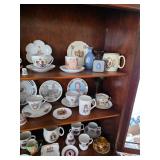 British Royal Commemorative porcelain tea cup and plates, Queen, Princes and Prince, thimble