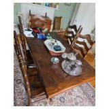 Large wooden farmhouse table with ladder back chairs, Silver tea set