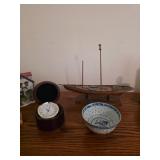 Blue & White bowl rice bowl, captains style desk clock, wooden ship