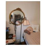 Floor lamp, round hanging mirror, power adjustable twin size bed