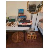 Games, Large gathering basket, wine rack, floor lamps, chess game with stone pieces