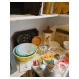 Corning bowls, jello bolds, spoon rest, cookie jar, tray