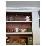 Pink glass, wooden box, cruet, creamer, gravy boat