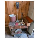 Vintage Metal Detector, Wooden Pail, Bicycle Pump