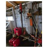 Gas Cans, Still Chainsaw, Hedge Trimmer, Bow Saw