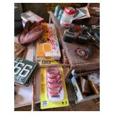 Old license plates 40’s-90’s, Tool set, baseball glove, Batteries