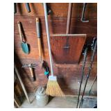 Gardening tools, broom, milk pail, ski poles