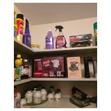 Assorted chemicals, maple syrup, iron, palm sander, Craftsman Laser trac