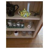 Yellow teapot, garden mugs, vase, covered candy jars