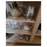 Teapots, large glass pitcher