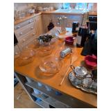 Pink glass ware, silver tea set, Vintage cookie press