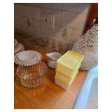 yellow Tupperware, creamer, glass bowl
