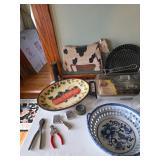 Wooden cow, tools, blue and white bowl, bbq tray, fall serving bowl