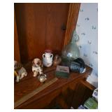 Wooden loons, porcelain dogs, vase