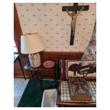Crucifix, lamp, large bible, wooden bench