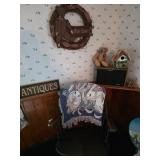 Trow, antique sign, bears, bird house