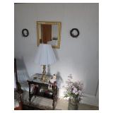 Magazine rack, Milk jug with flowers, golden frame mirror