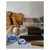 Wooden Baskets with lids, Hand carved giraffe, books, blue & white plates