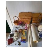 Wooden Baskets with lids, Hand carved giraffe, books, blue & white plates, drawings
